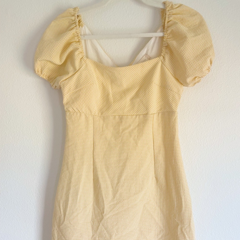 yellow gingham puff sleeve square neck alterd state mini dress